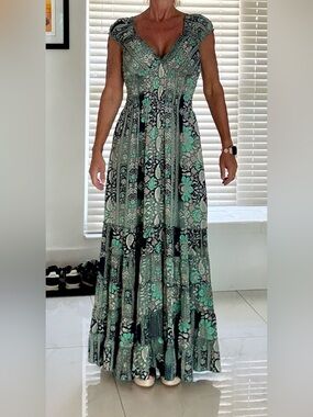 Vienna Floral Tiered Maxi Skirt in Mint Green and Black